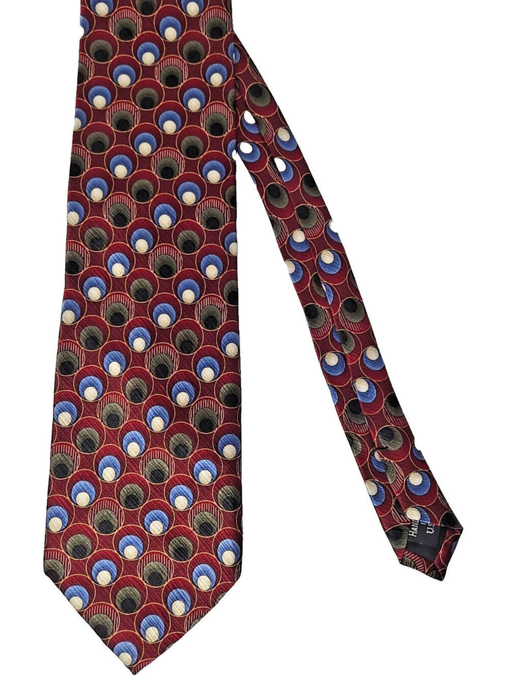 Jos A Bank 100% Silk Necktie USA Red Blue Beige White Circles Peacock Hand Sewn